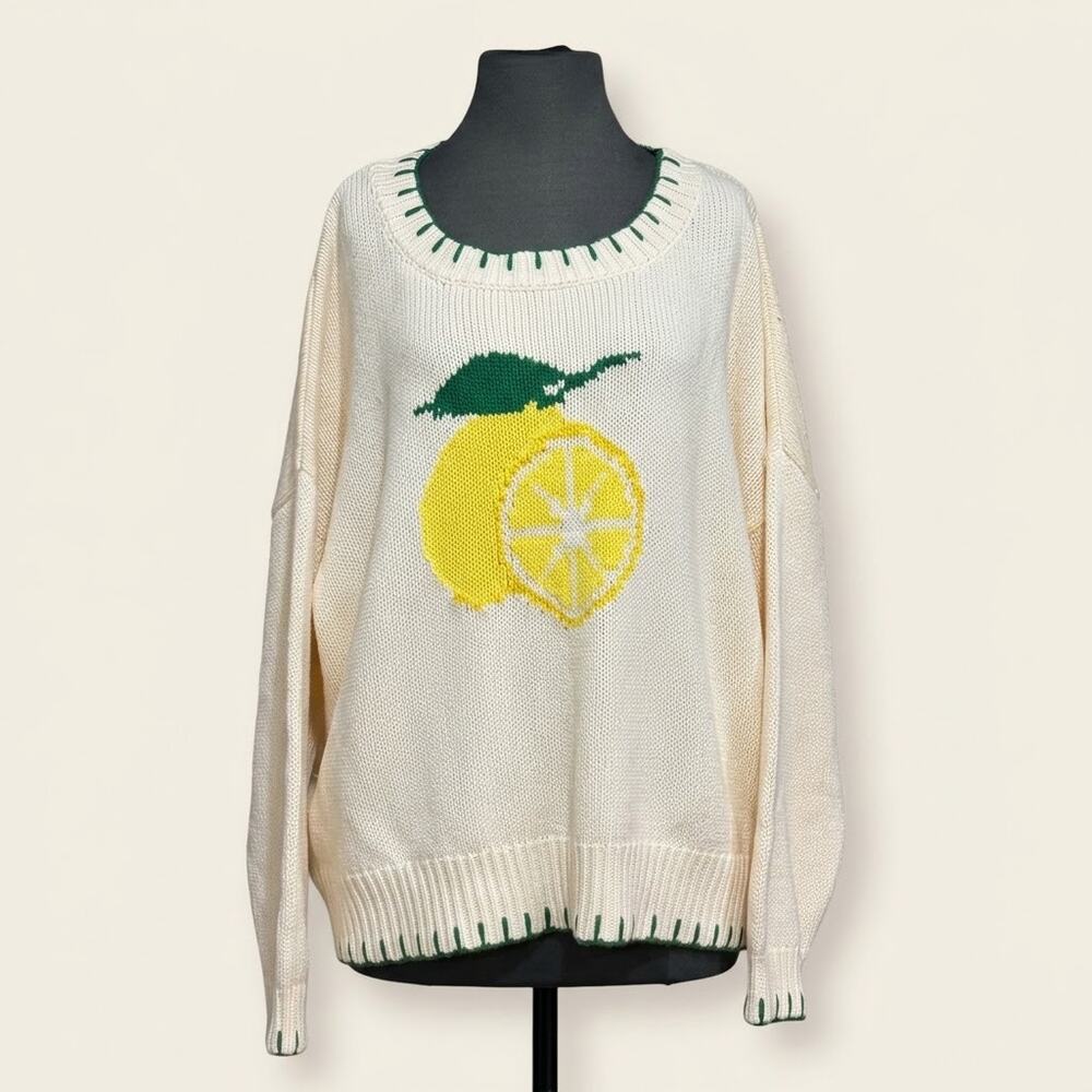 Arula Cream Lemon Graphic Knit Blanket Stitch Sweater 0X